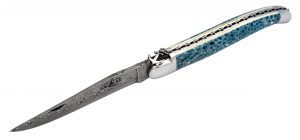 Couteau Laguiole lame damas corail bleu avec ancre de marine.